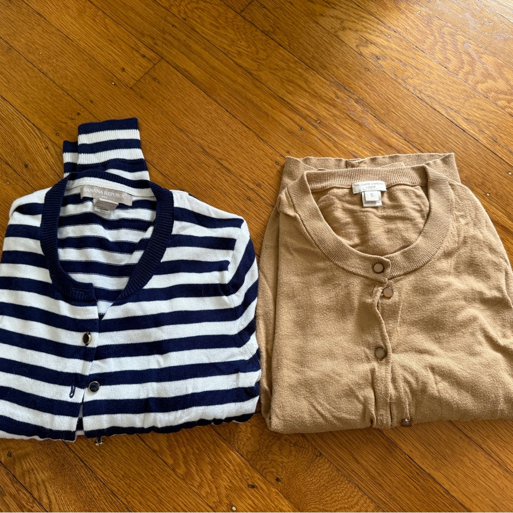 Banana republic Striped Navy and Jcrew camel cardigan